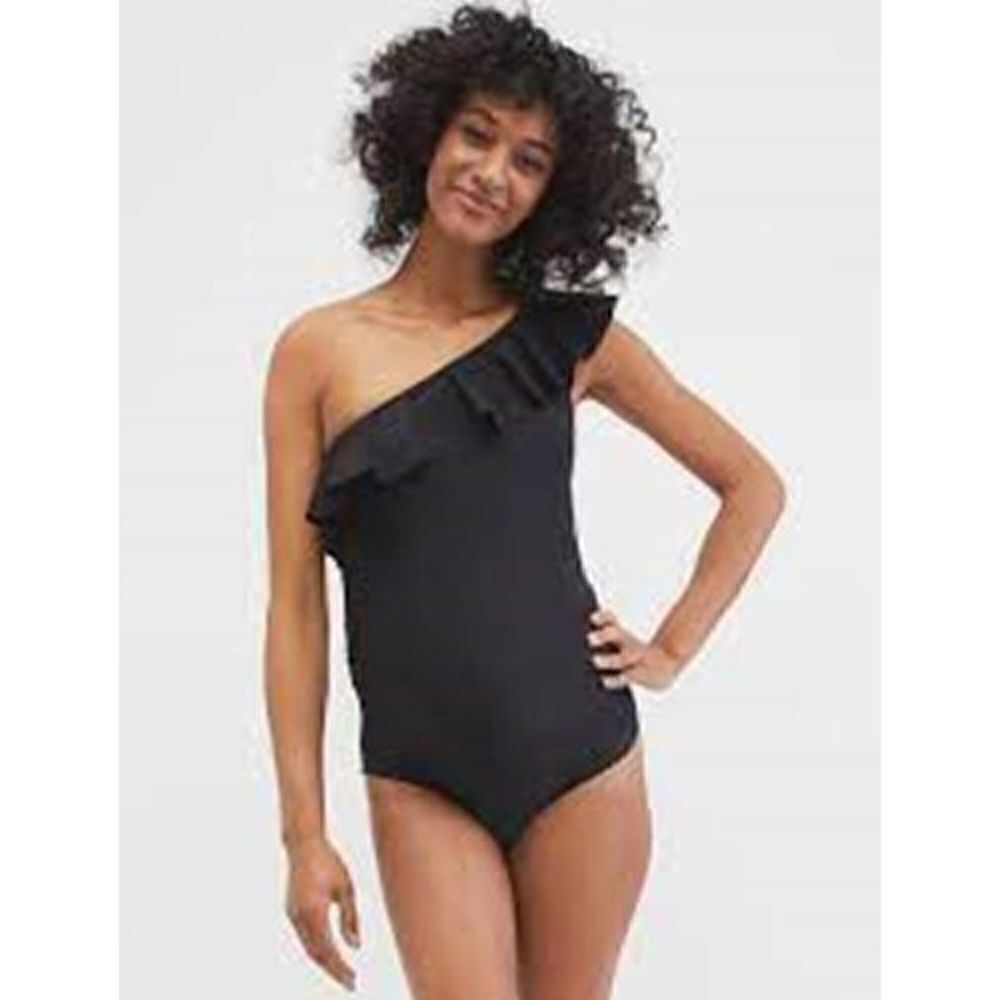 694 Motherhood Maternity BEACH BUMP ruffled one shoulder one piece swim BLACK M
